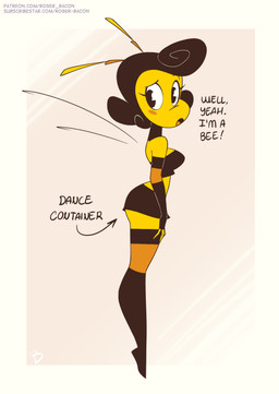 antennae_(anatomy) armwear back_wings black_bottomwear black_clothing black_crop_top black_eyebrows black_eyes black_gloves black_hair black_handwear black_legwear black_shirt black_skirt black_text black_thigh_highs black_topwear blush blush_stickers bottomwear breasts clothed clothed_female clothed_humanoid clothing crop_top dialogue elbow_gloves eyebrows eyelashes female female_humanoid gloves hair handwear insect_wings label legwear logo looking_back medium_breasts miniskirt open_mouth orange_tongue raised_eyebrow shirt short_hair side_view skirt solo standing talking_to_another text thigh_highs tongue topwear wings yellow_body roger_bacon bebe_(roger_bacon) animal_humanoid arthropod arthropod_humanoid bee_humanoid humanoid hymenopteran hymenopteran_humanoid insect insect_humanoid 2025 absurd_res artist_logo english_text handwritten_text hi_res url