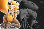 anthro bandai_namco bent_over biped black_sclera blue_eyes breasts butt canid canine clothed clothing colored digimon digimon_(species) female fur hi_res hindpaw karabiner kneeling legwear looking_at_viewer looking_back mammal open_mouth paws raised_tail renamon solo stockings tail underwear wallpaper yellow_body yellow_fur