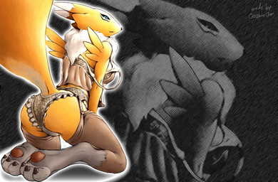 back bent_over blue_eyes breasts butt canine clothing colored digimon female fox hindpaw karabiner kneeling looking_at_viewer open_mouth paws raised_tail renamon solo stockings underwear wallpaper yellow_fur
Rating: Questionable
Score: 18
User: -Frazzledragon
Date: April 12, 2012