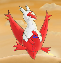 bodily_fluids cloud female feral flying genital_fluids genitals looking_at_viewer presenting seductive solo sunset tongue tongue_out vaginal_fluids vulva aesyr nintendo pokemon generation_3_pokemon latias legendary_pokemon pokemon_(species) hi_res