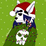 anthro black_eyes black_nose blue_hair bottomless candy candy_cane candy_cane_in_mouth christmas_clothing christmas_decorations christmas_headwear christmas_lights christmas_sweater christmas_topwear clothed clothing dessert ears_up eyebrows food fur green_background green_clothing green_sweater green_topwear hair hat headgear headwear holidays male santa_hat simple_background simple_coloring smile smiley_face snowflake solo sweater sweater_only topwear topwear_only white_body white_ears white_fur radiosonic94 christmas alex_(radiosonic94) canid canine canis domestic_dog mammal 1:1 absurd_res hi_res