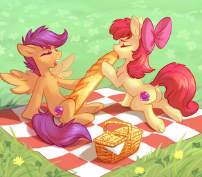accessory baguette bow_(feature) bow_accessory bow_ribbon bread centered_hair_bow cutie_mark dock_(anatomy) duo eyes_closed feathered_wings feathers female feral food food_fetish grass hair hair_accessory hair_bow hair_ribbon hooves innuendo long_hair open_mouth outside plant purple_hair red_hair ribbons suggestive suggestive_food tail underhoof wings young tomatocoup friendship_is_magic hasbro my_little_pony mythology apple_bloom_(mlp) scootaloo_(mlp) earth_pony equid equine horse mammal mythological_creature mythological_equine pegasus pony 2017