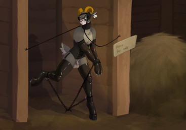 anthro bdsm bondage_gear bondage_gloves boots bridle chastity_cage chastity_device clothing footwear gag halter handwear harness_gag hoof_boots hoof_gloves male nipple_clamp petplay ponyplay roleplay shoes solo crazydonkey auburn_(auburnthegoat) bovid caprine goat mammal absurd_res hi_res story story_in_description