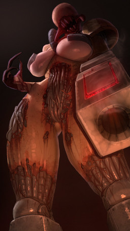 arm_cannon big_breasts breasts cybernetics eyeless female front_view grey_background low-angle_view machine open_mouth pointing_gun sharp_teeth simple_background solo tan_body teeth thick_thighs wide_hips wassnonnam microsoft quake iron_maiden_(quake) cyborg humanoid monster monstrous_humanoid absurd_res hi_res