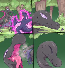 ambiguous_feral ambiguous_gender ambiguous_prey biped black_body blue_body bodily_fluids duo emanata empty_eyes extreme_size_difference female female_feral female_pred feral feral_pred feral_prey grass green_background holding_another holding_micro larger_female larger_feral larger_pred looking_at_another magic micro micro_abuse mouth_shot open_mouth oral_vore outside plant purple_eyes saliva shrinking simple_background size_difference size_transformation smaller_ambiguous smaller_feral sound_effects stylized_empty_eyes swallowing tongue transformation tree unwilling_prey vore listrymistery nintendo pokemon garchomp generation_4_pokemon generation_7_pokemon pokemon_(species) salazzle colored comic hi_res multiple_images