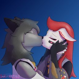 anthro band-aid bandage black_nose clothed clothing duo ear_piercing ear_ring ears_down eyelashes eyes_closed female female/female fur gloves hair_down hand_on_face handwear kissing lipstick makeup making_out multicolored_body multicolored_fur piercing pivoted_ears ring_piercing simple_background white_body white_fur wolli_mazangui epic_games fortnite kimiko_five-tails wolfie_(fortnite) canid canine canis fox mammal wolf 1:1 2025 absurd_res hi_res signature