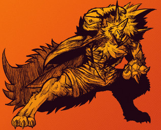 abs accessory action_pose anthro armor athletic athletic_male barazoku bottomwear bulge bulge_through_clothing claw_fingers claws clothed clothing fluffy fluffy_tail fur gun hair handgun handwear holding_melee_weapon holding_object holding_sword holding_weapon jacket jewelry leather mafia male melee_weapon multicolored_body multicolored_ears muscle_tone muscular muscular_anthro muscular_arms muscular_legs muscular_male muscular_thighs neck_tuft open_clothing open_jacket open_shirt open_topwear orange_background orange_body pants pecs piercing pistol pose ranged_weapon ring_piercing scar shirt shorts simple_background smile smirk solo spiky_hair spread_legs spreading suspenders sword swordsman tail tan_body tan_fur text thick_arms thick_thighs topless topwear tough_guy tuft unzipped unzipped_pants vest weapon weapon_in_mouth white_body white_fur white_hair yellow_body yellow_eyes yellow_fur zipper jwbash nintendo pokemon pokemon_mystery_dungeon spike_chunsoft kyoto_rex canid canine canis dusk_lycanroc generation_7_pokemon lycanroc mammal pokemon_(species) 2026 absurd_res english_text hatching_(art) hi_res shaded sketch