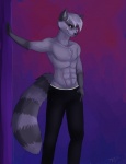 abs anthro athletic athletic_anthro athletic_male biped bottomwear clothed clothing denim denim_bottomwear denim_clothing fur grey_body grey_fur grey_hair grin hair jeans looking_at_viewer male muscular muscular_anthro muscular_male pants red_eyes short_hair smile solo standing tail topless topless_male tazara keenan_vale mammal procyonid raccoon 2011 hi_res story story_in_description