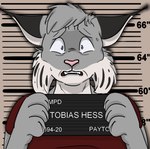 anthro clothing front_view holding_object male mugshot nervous scared shirt solo topwear conditional_dnp humgeronimo barbie_and_ken_mugshot_meme echo_(game) echo_(series) echo_project tj_hess canada_lynx felid feline lynx mammal cel_shading colored meme shaded