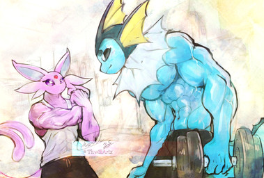 abs anthro biceps black_bottomwear black_clothing blue_ears blue_fingers blue_hands blue_tail bottomwear clothing duo exercise fur holding_object male muscular muscular_anthro pecs pokemorph sleeveless_shirt tail topwear white_clothing white_sleeveless_shirt white_topwear thwillartz nintendo pokemon eeveelution espeon generation_1_pokemon generation_2_pokemon pokemon_(species) vaporeon hi_res