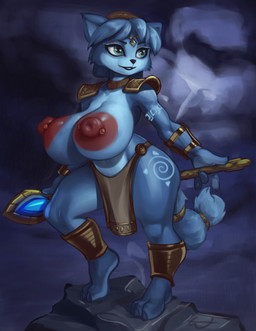 accessory anthro armor barbell_piercing barefoot big_breasts blue_body blue_fur blue_hair bottomwear breasts clothed clothing collar feet female fluffy fluffy_tail fur furgonomics hair huge_breasts jewelry krystal's_staff loincloth multicolored_body multicolored_fur nipple_piercing nipples pauldron piercing pink_nipples ring solo tail tail_accessory tail_jewelry tail_ring teal_eyes topless topless_anthro topless_female two_tone_body two_tone_fur vambrace white_body white_fur wide_hips wabutt nintendo star_fox krystal_(star_fox) canid canine fox mammal 2025 hi_res