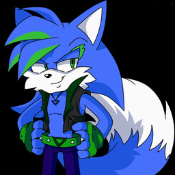 anthro black_background blue_body blue_fur clothed clothing front_view fully_clothed fur green_eyes male simple_background solo standing unknown_artist josethefox117 1:1 hi_res source_request