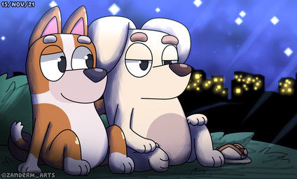 anthro city cityscape duo floppy_ears food fur grass hot_dog lights looking_at_another male multicolored_body multicolored_fur narrowed_eyes night on_ground paws pivoted_ears plant sitting sky smile star starry_sky text zandermanith bluey_(series) employee_(bluey) wanda_(bluey) basenji canid canine canis domestic_dog mammal primitive_dog 2021 artist_name digital_media_(artwork) hi_res signature