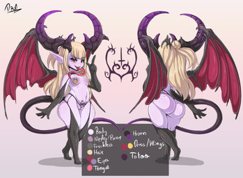belly big_butt blonde_hair breasts butt dwarfism female hair horn long_hair long_tongue monster_girl_(genre) nipple_piercing nipples not_furry piercing pink_body red_eyes shortstack simple_background solo standing tail text tongue wings womb_tattoo dryadex demon humanoid succubus vampire english_text