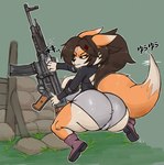 anthro assault_rifle big_breasts big_butt boots breast_squish breasts brown_hair butt clothing cross-popping_vein dipstick_ears dipstick_tail ear_markings eyebrows eyelashes female footwear fur gun hair markings multicolored_ears orange_body orange_fur ponytail ranged_weapon rifle shoes solo squish stg-44 tail tail_markings tan_body tan_fur thick_thighs weapon rose_dax atlyss canid canine fox mammal poon_(atlyss) 2024 digital_drawing_(artwork) digital_media_(artwork) hi_res