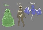 anthro bat_wings big_breasts breasts clothed clothing dark_body dark_skin female genitals group hair legless looking_at_viewer membrane_(anatomy) membranous_wings nipples not_furry nude pussy simple_background smile text thick_thighs trio wings blackbetty microsoft minecraft mojang xbox_game_studios goo_creature husk_(minecraft) phantom_(minecraft) slime_(minecraft) undead zombie