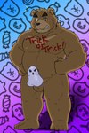 anthro balls belly black_nose blush brown_body bulge detailed_bulge genital_outline genitals ghost_costume holidays humanoid_hands kemono male nipples penis_costume penis_outline slightly_chubby solo goujuyu halloween bear mammal 2023 2:3