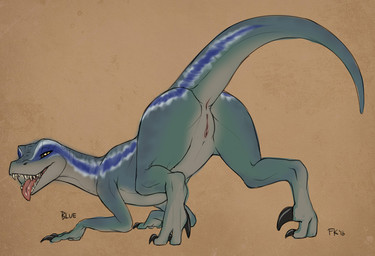all_fours anus bedroom_eyes blue_body blue_scales brown_background butt claws digitigrade fangs feet female female_feral feral genitals humanoid_genitalia humanoid_genitalia_on_feral humanoid_vulva humanoid_vulva_on_feral narrowed_eyes nude presenting presenting_hindquarters raised_tail scales seductive sharp_teeth simple_background smile solo tail talons teeth text toes tongue tongue_out vulva yellow_eyes conditional_dnp fluff-kevlar jurassic_park jurassic_world universal_studios blue_(jurassic_world) dinosaur dromaeosaurid prehistoric_species reptile saurischian scalie theropod velociraptor 2016 digital_media_(artwork)