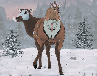 anatomically_correct anatomically_correct_genitalia anatomically_correct_vulva antlers anus detailed_background female feral forest genitals hooves horn larger_female male mottled piebald plant quadruped raised_leg riding_on_back size_difference smaller_male snow spread_vulva spreading teats tree udders vulva twistedewe cascadia_(twistedewe) kairo_(twistedewe) cervine deer elk mammal new_world_deer roe_deer hi_res