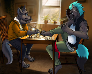 4_toes anthro barefoot belt between_toes beverage black_clothing black_jacket black_pawpads black_topwear blue_body blue_fur blue_hair bodily_fluids bottomwear chair chess chess_board chess_piece claws clothing container cup curling_toes duo ear_piercing evil_grin feet foot_focus foot_hands foot_on_face fur furniture gender_symbol green_bottomwear green_clothing green_pants grey_body grey_fur grin hair holding_object_with_feet jacket male male_symbol mug multicolored_tail object_between_toes pants pawpads paws photo_background piercing raised_foot shirt sitting smile sweat symbol table tail toe_claws toe_grab toes topwear white_clothing white_shirt white_topwear window unknown_artist canid canine canis hyena mammal wolf absurd_res hi_res photography_(artwork)