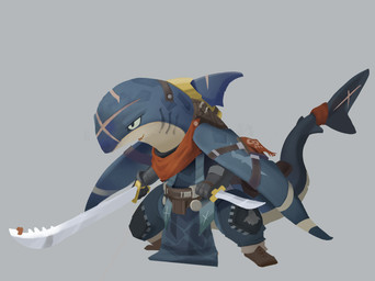 action_pose anthro biped black_clothing black_gloves black_handwear blue_body blue_scales boots brown_boots brown_clothing brown_footwear clothed clothing countershade_scales countershading dagger fin footwear gills gloves grey_background handwear holding_object holding_weapon male melee_weapon pirate pose scales scar shark_tail sharp_teeth shoes simple_background smile solo sword teeth weapon white_body white_scales nat_autumnfall aquatic fish shark 2024 absurd_res hi_res