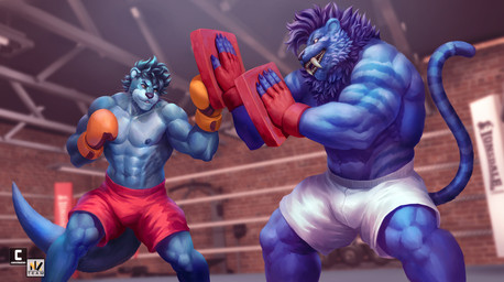 anthro blue_body blue_fur bottomwear boxing boxing_gloves bulge clothing duo fangs fight fighting_ring fur handwear male male/male muscular muscular_male sabertooth_(anatomy) shorts sport teeth nexus seritus tungro felid mammal mustelid otter pantherine prehistoric_species saber-toothed_tiger tiger hi_res