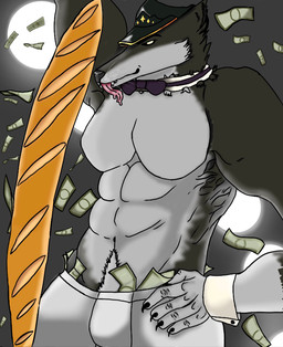 abs anthro baguette banknote bow_tie bread bulge claws clothing cuff_links fangs food fur grey_body grey_fur hand_on_hip hat headgear headwear looking_away male money mostly_nude muscular muscular_male pubes rockywolf shirt_cuffs solo teeth tongue tongue_out underwear unknown_artist canid canine canis mammal wolf