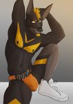 anthro beard black_nose blonde_hair brown_body bulge clothing facial_hair footwear hair male nipples shoes sneakers solo underwear yellow_eyes zimdel donut_(donutdobie) canid canine canis dobermann domestic_dog mammal pinscher