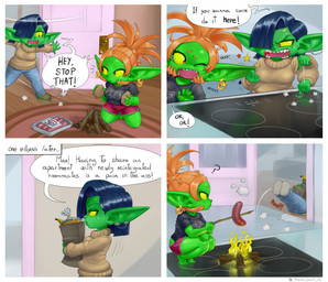 4_panel_comic angry appliance big_ears bottomwear campfire clothing crouching dialogue duo ear_piercing ear_pull ear_ring female food green_body green_skin groceries hair hair_over_eye humanoid_pointy_ears humor meat mole_under_eye not_furry piercing pointy_ears question_mark ring_piercing sausage shorts stove sweater text topwear turtleneck yellow_sclera mario-grant ms._nasbh'ke_(mario-grant) goblin humanoid 2026 comic english_text hi_res