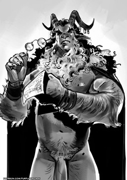 anthro arm_hair body_hair bottomless cape chest_hair clothed clothing eyebrows eyewear genitals glasses goat_ears grumpy hair holidays horn horn_jewelry jewelry larger_male looking_at_viewer male mostly_nude_male muscular muscular_male paper penis pubes size_difference solo thick_eyebrows wraps wrist_wraps wristband purplebirdman christmas krampus bovid caprine caprine_demon demon goat goat_demon mammal hi_res