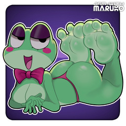 3_toes anthro big_butt black_eyelids blush_marks bow_tie butt clothing countershade_face countershade_feet countershade_torso countershading feet female foot_fetish foot_focus glistening glistening_butt green_body legs_up looking_at_viewer lying on_front open_mouth panties pink_bow_tie pink_clothing pink_panties pink_underwear simple_background solo toes tongue underwear jamwithmaruko glitch_productions the_amazing_digital_circus ribbit_(tadc) amphibian frog 1:1 hi_res watermark