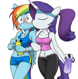 anthro anthrofied athletic_wear blue_body blue_fur blush bottle bottomwear bra breasts cleavage clothed clothing container crop_top duo eyelashes eyes_closed female female/female fingers fur hair horn hotpants kerchief kissing kissing_cheek long_hair midriff multicolored_hair navel navel_pendant navel_piercing piercing ponytail purple_hair rainbow_hair red_eyes shirt shorts simple_background sports_bra standing surprise_kiss surprised topwear underwear water_bottle white_background white_body white_fur wings sandwich-anomaly friendship_is_magic hasbro my_little_pony mythology rainbow_dash_(mlp) rarity_(mlp) equid equine horse mammal mythological_creature mythological_equine pegasus pony unicorn 2015 digital_media_(artwork)