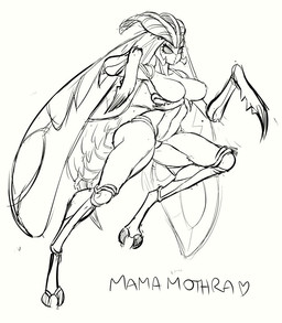 anthro anthrofied big_breasts breasts female nipples non-mammal_breasts non-mammal_nipples simple_background solo white_background supersatanson monsterverse mothra_(series) toho mothra arthropod insect kaiju lepidopteran moth 2019 black_and_white monochrome