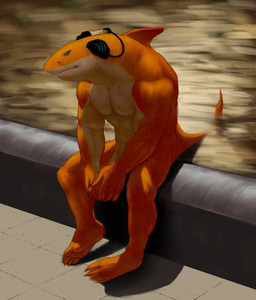 anthro blue_eyes dorsal_fin fin fur looking_at_viewer male male_anthro mouth_closed muscular muscular_anthro muscular_male nude orange_body orange_tail outside pecs sitting solo tail white_body white_fur aduran aquatic fish shark absurd_res hi_res