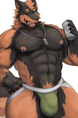 abs anthro balls_outline beverage beverage_can biped black_body black_claws black_countershading black_ears black_fur black_lips black_nose black_tail blue_eyes bulge cheek_tuft chest_tuft circle_eyebrows claws clothed clothing condom countershade_fur countershade_legs countershade_torso countershading detailed_bulge dog_tags eyebrows facial_tuft fangs finger_claws fingers front_view fur genital_outline gloves_(marking) green_clothing green_jockstrap green_underwear head_tuft holding_beverage holding_object humanoid_hands jockstrap jockstrap_only kemono lips looking_at_viewer male male_anthro markings multicolored_body multicolored_fur multicolored_tail muscular muscular_anthro muscular_male navel nipple_piercing nipple_ring nipples one_eye_closed open_mouth open_smile orange_body orange_fur orange_inner_ear orange_tail pecs penis_outline piercing pink_nipples pink_tongue pupils reverse_countershading ring_piercing scar sexual_barrier_device simple_background smile solo standing tail teeth tongue topless topless_anthro topless_male tuft two_tone_body two_tone_fur two_tone_tail underwear underwear_only unused_condom white_background wink wrapped_condom nukochi canid canine canis domestic_dog mammal 2022 colored digital_media_(artwork) hi_res portrait shaded three-quarter_portrait
