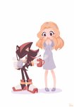 anthro beverage black_body black_fur blonde_hair blue_clothing blue_dress clothing container cup dress drinking duo female footwear fur gloves hair handwear holding_beverage holding_object male red_body red_eyes red_fur shadaria shoes simple_background standing white_background uno_yuuji sega sonic_the_hedgehog_(series) maria_robotnik shadow_the_hedgehog eulipotyphlan hedgehog human mammal hi_res