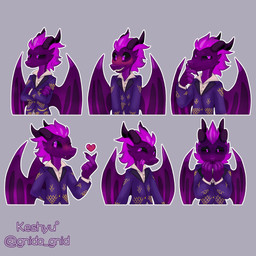 anthro black_sclera blush claws clothing fangs finger_heart forked_tongue hair happy heart_symbol horn male outline purple_body purple_hair scales scared serious silly simple_background solo suit teeth telegram_sticker thinking tongue wings gnida_gnid mythology dragon mythological_creature mythological_scalie scalie 1:1 absurd_res hi_res