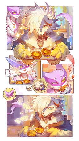 ambiguous_gender anthro blue_body blue_eyes blue_fur clothing collar dessert duo food fur holidays jewelry necklace pink_body pink_fur spots white_body white_fur yellow_eyes sovnia april_fools'_day nintendo pokemon kian_(kianyemao) yemao_(kianyemao) canid canine felid feline generation_5_pokemon generation_7_pokemon liepard lycanroc mammal midnight_lycanroc pokemon_(species) shiny_pokemon 9:16 comic hi_res