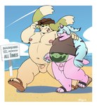 anthro balls beach bottomless bottomless_male clothed clothing day detailed_background duo flaccid footwear foreskin genitals hat headgear headwear hug humanoid_genitalia humanoid_penis kemono male male/male moobs mostly_nude navel nipples outside overweight overweight_male penis pink_body sandals sea shoes small_penis unretracted_foreskin walking water realiron_(artist) bandai_namco digimon digimon_(species) gargomon psychemon 2024 hi_res