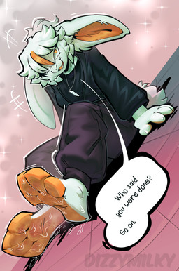 anthro black_clothing bodily_fluids bottomwear clothing feet foot_fetish foot_focus fur pants paws saliva sitting solo text white_body white_fur dizzymilky lagomorph leporid mammal rabbit absurd_res english_text hi_res