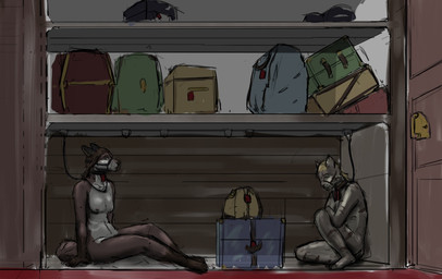 anthro breasts brown_body brown_fur collar door door_handle duo female fur grey_body grey_fur inside leash luggage male muzzle_(object) muzzled nipples nude nude_female nude_male sitting slave storage wall_(structure) white_body white_fur wood wood_wall jeri_kleinlowe domestic_cat felid feline felis mammal 2022 colored