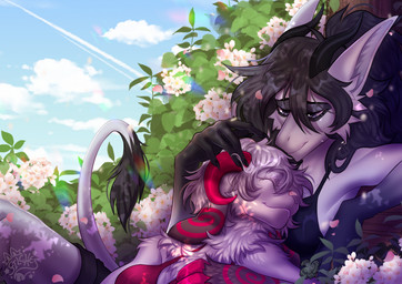 2_horns anthro black_clothing black_horn black_shirt black_tail black_tank_top black_topwear clothing cloud curled_horn duo eyelashes eyes_closed female female_anthro floppy_ears flower fur fur_markings hair horn looking_at_another looking_at_partner lying_on_another markings monotone_body monotone_fur monotone_hair multicolored_body multicolored_fur outside petals plant pointy_ears prick_ears red_clothing red_horn red_markings red_topwear ruff scenery shirt sky smile smiling_at_another smiling_at_partner spiral_markings tail tail_tuft tank_top topwear tuft two_tone_tail white_tail royials laybel bovid caprine demon goat mammal 2023 hi_res watermark
