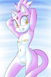 anthro band-aid band-aid_on_genitals band-aid_on_nipple band-aid_on_pussy bandage camel_toe female forehead_gem gem hands_behind_head purple_body raised_arm smile solo tail fourssss sega sonic_the_hedgehog_(series) blaze_the_cat domestic_cat felid feline felis mammal hi_res