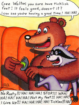 ankle_grab anthro asking asking_another black_body black_fur black_nose bodily_fluids brown_body brown_fur cheek_tuft crying_laughing dialogue duo eyes_closed facial_tuft feet fur fur_markings fur_tuft gloves_(marking) green_loose_feather grey_body grey_fur holding_feather holding_object laugh leg_grab leg_markings loose_feather male male/male markings multicolored_body multicolored_fur open_mouth open_smile red_tongue size_difference smile snout socks_(marking) speech_bubble talking_to_another tears teeth text tickle_fetish tickle_torture tickling tickling_feet tongue tuft whisker_spots white_body white_fur walterringtail rusty_(walterringtail) walter_(walterringtail) bear mammal procyonid raccoon 2017 english_text traditional_media_(artwork)