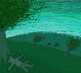 anthro blue_clothing blue_shirt blue_t-shirt blue_topwear bottomwear clothed clothed_anthro clothed_male clothing grass lying male nature on_back outside plant shirt shorts solo t-shirt topwear tree demensa emil_(demensa) canid canine canis domestic_dog mammal digital_media_(artwork) green_theme pixel_(artwork)