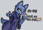 anthro blue_body clothing female homophobic_slur insult insulting_viewer open_mouth open_smile purple_clothing purple_robe robe slur smile solo text trufzn kobold 2020 english_text