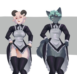 andromorph anthro balls bottomwear clothed clothing clothing_lift costume dress femboy genitals gynomorph intersex legwear maid_uniform maidoutfit penis skirt skirt_lift solo stockings thigh_highs uniform vulva frank22young bovid canid canine canis caprine domestic_dog goat mammal wolf absurd_res digital_media_(artwork) hi_res