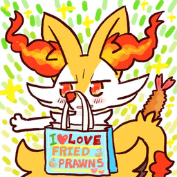 ambiguous_anthro ambiguous_gender anthro bag blush dipstick_tail food front_view markings object_in_tail open_mouth shrimp_(food) simple_background snout solo standing tail tail_markings annyui0611 nintendo pokemon braixen canid generation_6_pokemon mammal pokemon_(species) 1:1 2022 digital_drawing_(artwork) digital_media_(artwork) half-length_portrait hi_res japanese_description portrait translated_description