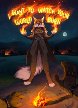 5_fingers anthro black_hair blue_hair bracelet burning burning_building camp cape city city_background claws clothed clothing crazy_eyes cute_fangs digitigrade duo ear_tuft elemental_manipulation evil_grin eye_through_hair eyelashes fangs female fingers fire fire_manipulation first_person_view fluffy fluffy_tail fur gloves grey_body grey_fur grin hair handwear imminent_death inner_ear_fluff jewelry light long_hair looking_at_viewer medieval moon multicolored_body multicolored_fur multicolored_hair night outside peril pouch_(clothing) sky smile smoke spiked_bracelet spikes standing star tail teeth text torch translucent translucent_hair tuft two_tone_body two_tone_fur white_body white_fur white_hair ruddi aerie_(aeriee) felid feline mammal 2025 artist_name digital_media_(artwork) english_text hi_res lighting shaded signature