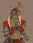 anthro blush chain chest_tattoo clothing exposed_chest fingerless_gloves gloves handwear male mistletoe mouth_strap nervous plant red_eyes reindeer_antlers shy solo spikes tail tattoo teeth zinthings dislyte lilith_games daylon_(dislyte) sobek crocodile crocodilian reptile scalie